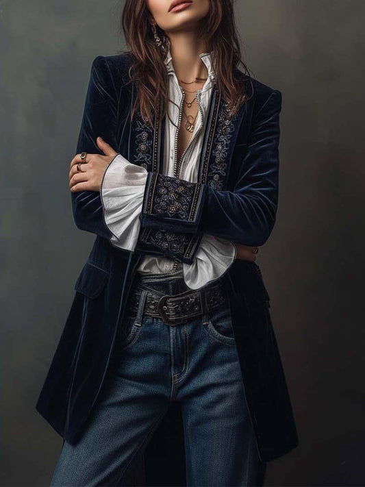 Vintage Navy Embroidered Longline Jacket for Women