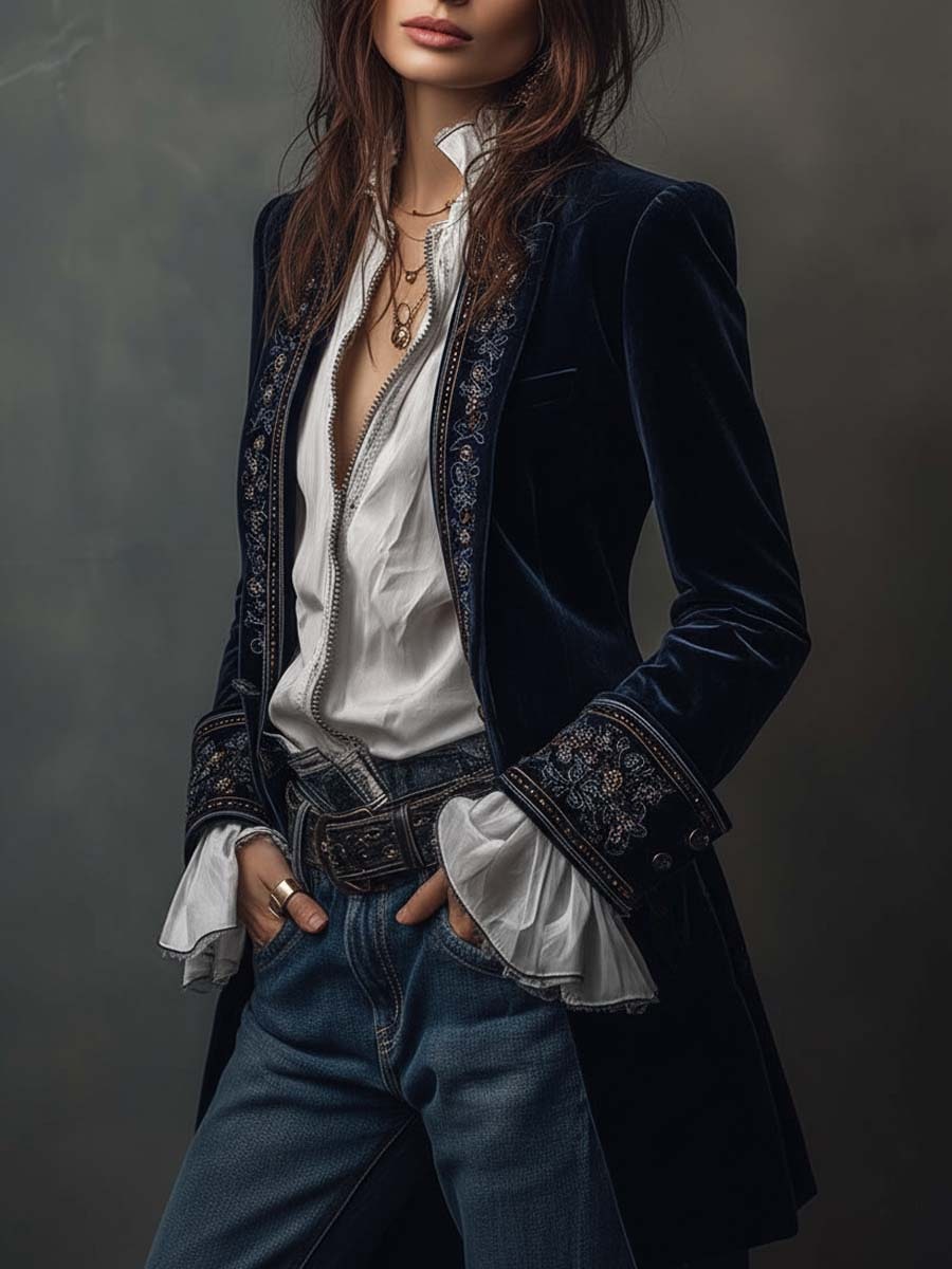 Vintage Navy Embroidered Longline Jacket for Women