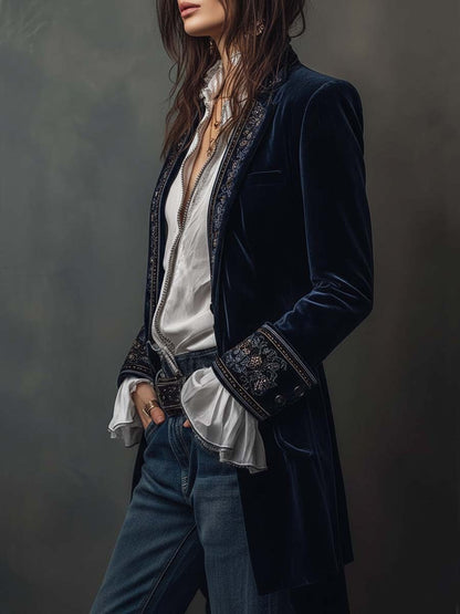 Vintage Navy Embroidered Longline Jacket for Women