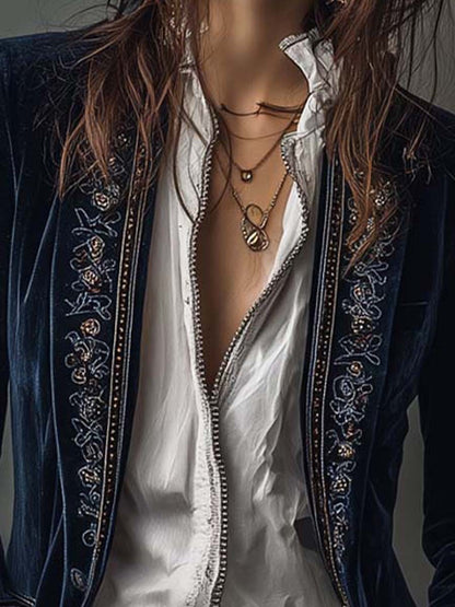 Vintage Navy Embroidered Longline Jacket for Women
