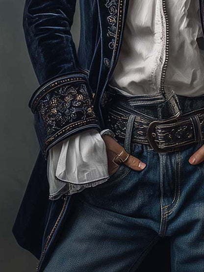 Vintage Navy Embroidered Longline Jacket for Women