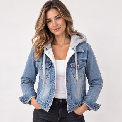Women's Sherpa-Lined Denim Hoodie Jacket - Light Blue