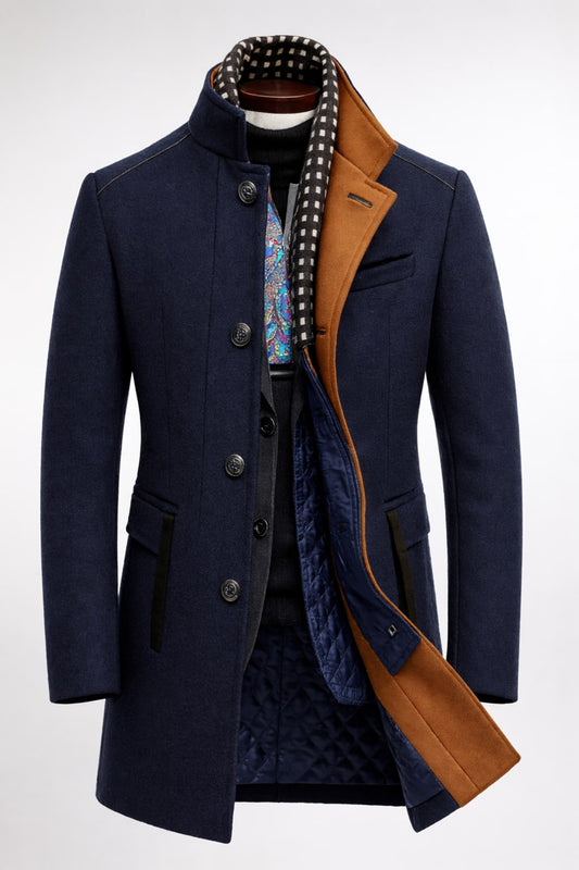Wool Blend Overcoat - Navy Blue